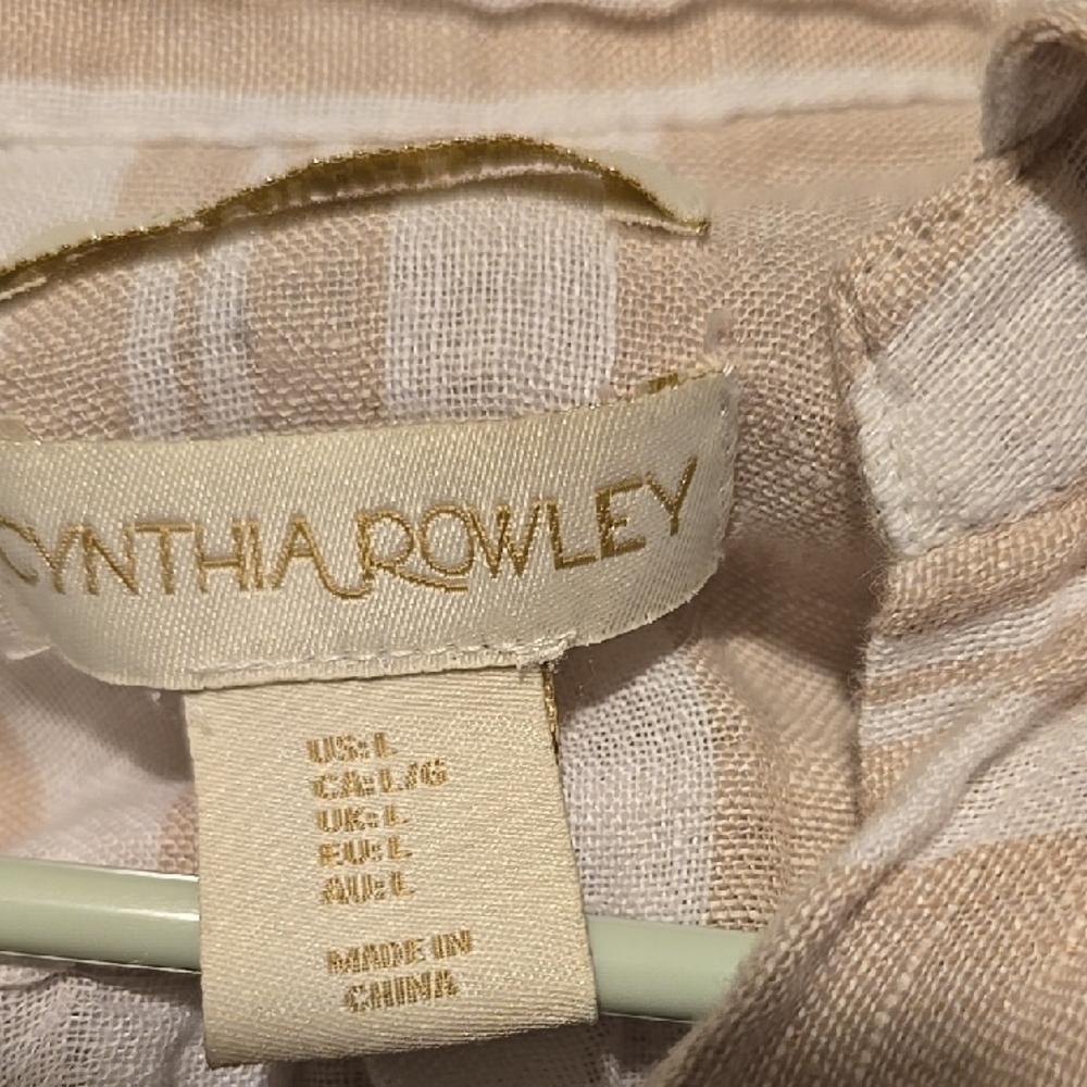 Cynthia Rowley 100% Linen White Tan Casual Long Sleeve Tunic L - Picture 2 of 4